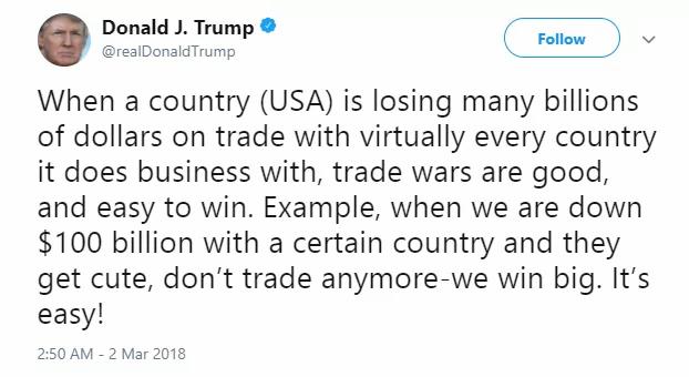 特朗普：貿易戰對美國是好事 獲勝很容易