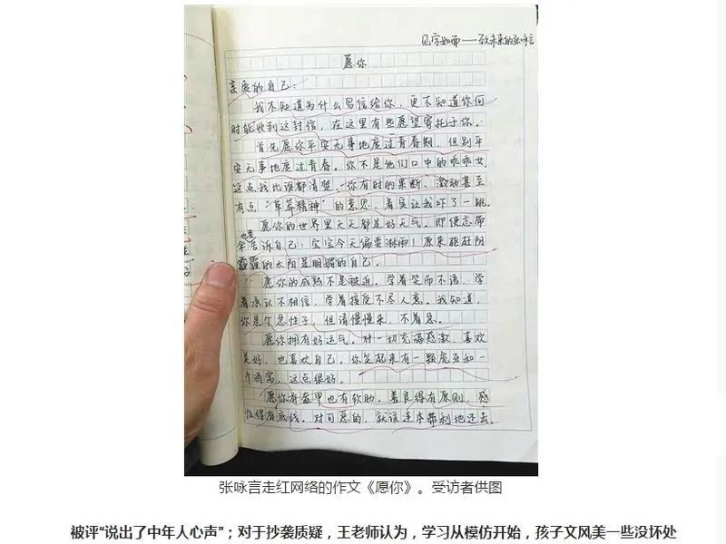 “愿你走出半生，归来仍是少年”，北京一所中学初中二年级学生写给未来自已的随笔“愿你”，在网路上走红。（图取自新京报网页www.bjnews.com.cn）