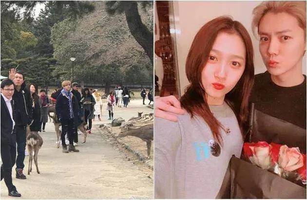 近日在日本旅游的鹿晗和关晓彤,今被捕获现身奈良公园喂鹿。